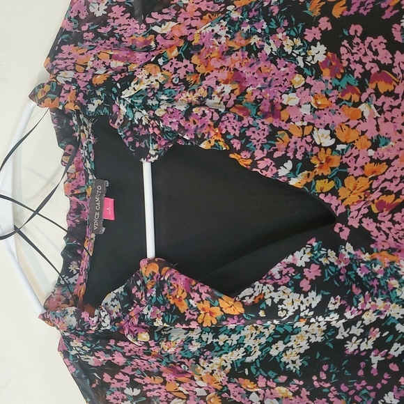 Vince Camuto Floral Babydoll Mini Dress Size Large Sheer Longsleeve Split V-Neck - Picture 6 of 13